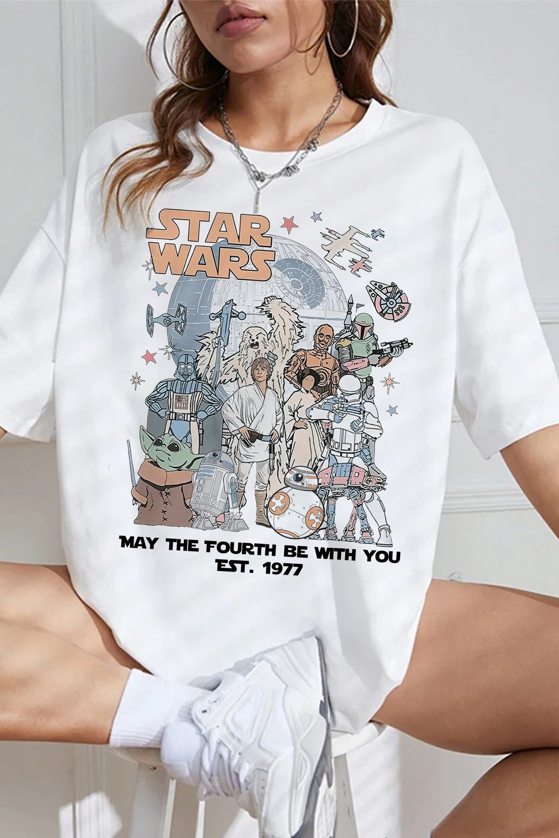 Vintage Disney Star Wars May the Force be with you Est 1977 Tee For Women