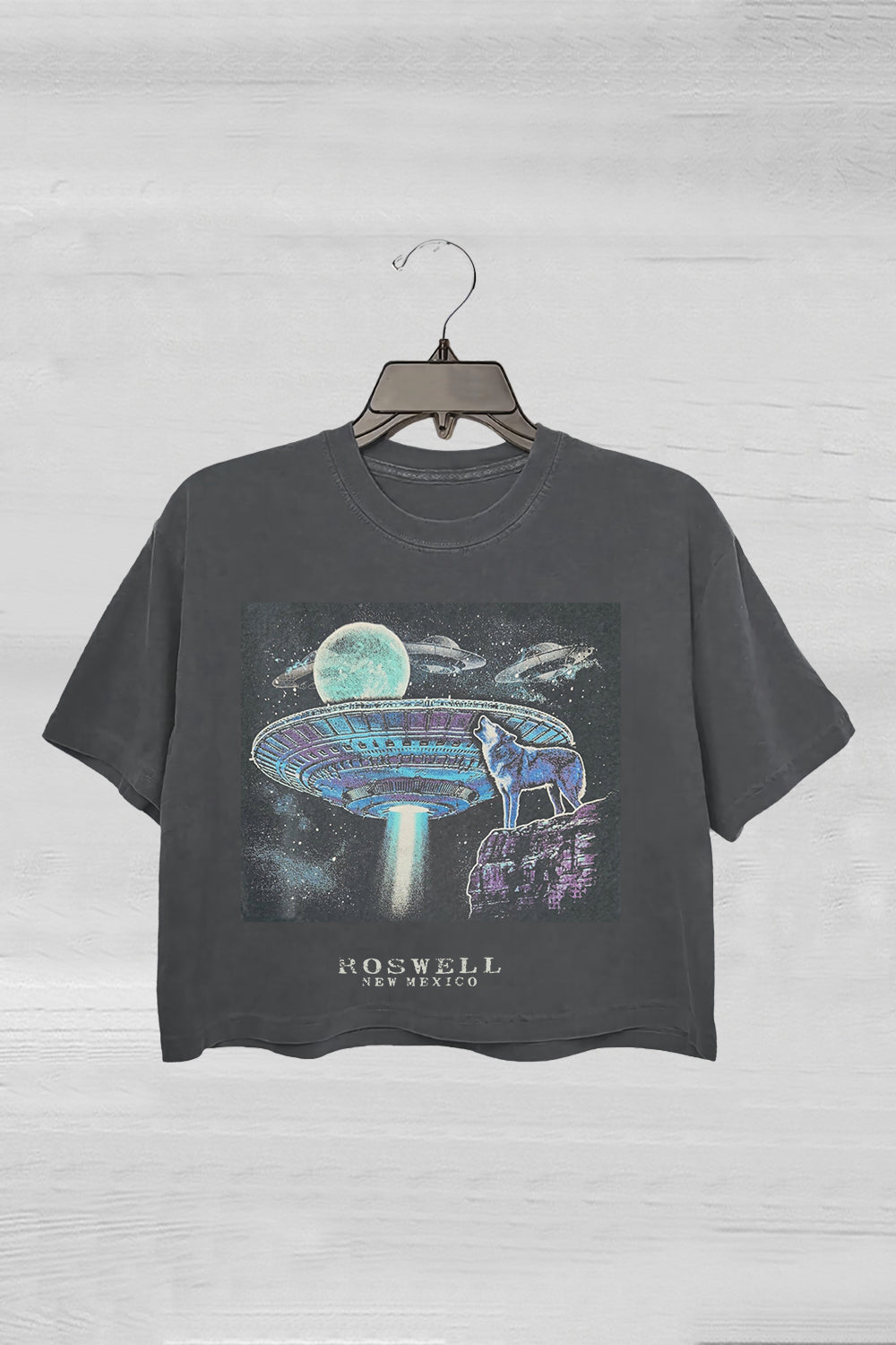 Roswell New Mexico UFO Moon Wolf Alien Crop Tee For Women